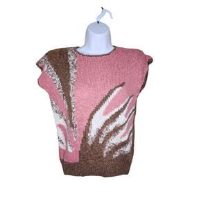 Vintage 80s Sleeveless Sweater Womens Size S Brown and Pink